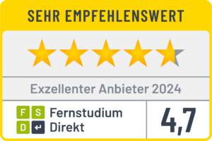 Abgebildet ist das Qualitätssiegel von Fernstudium Direkt: 2024 wurden wir als ‚Exzellenter Anbieter‘ ausgezeichnet, mit beeindruckenden 4,7 von 5 Sternen. Ein tolles Feedback unserer Teilnehmer/innen, das uns stolz macht!